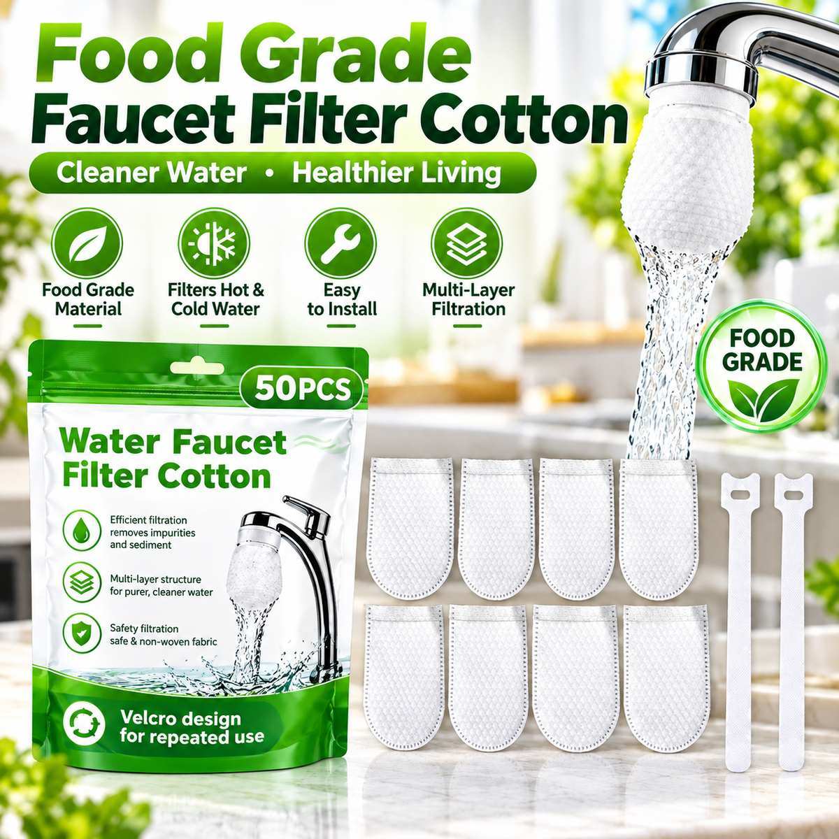 ⏰60%OFF⚡50K+ SOLD!💥Anti-Splash Kitchen Faucet Cotton Filter for Sediment & Rust Removal